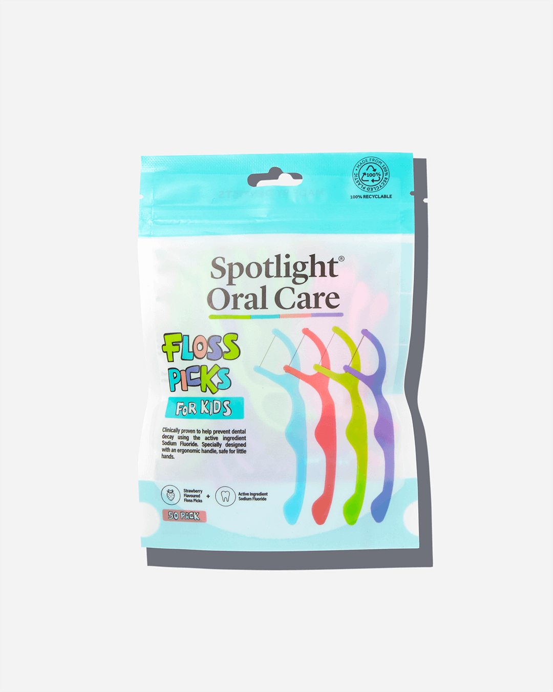 Pack of 50 eco-friendly floss picks designed for kids, combining fun flavour with dentist-developed technology to encourage healthy oral hygiene habits