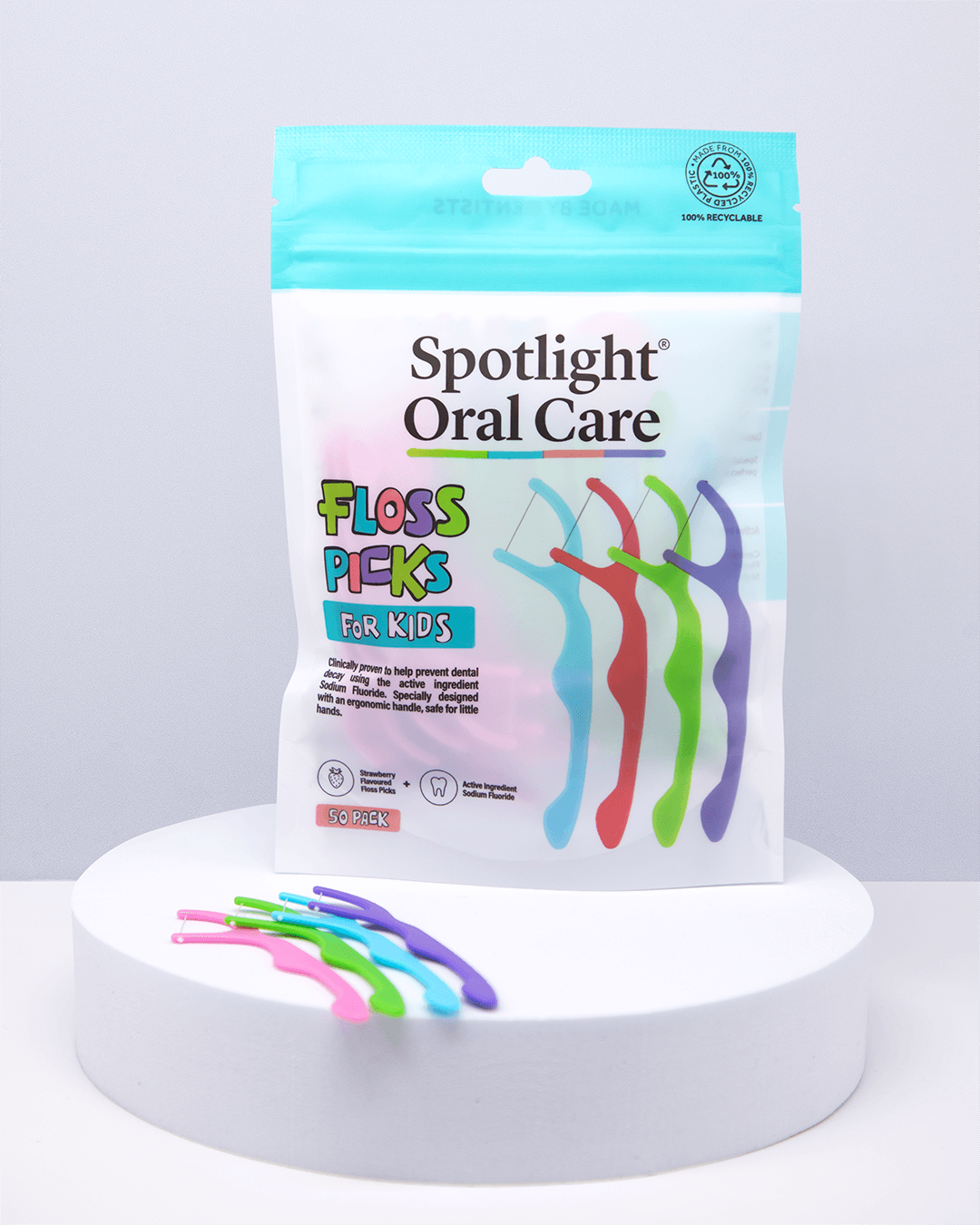 Children's floss picks featuring extra strong textured Tri-Active Floss and ergonomic handles made from 100% recyclable plastic for effective plaque removal