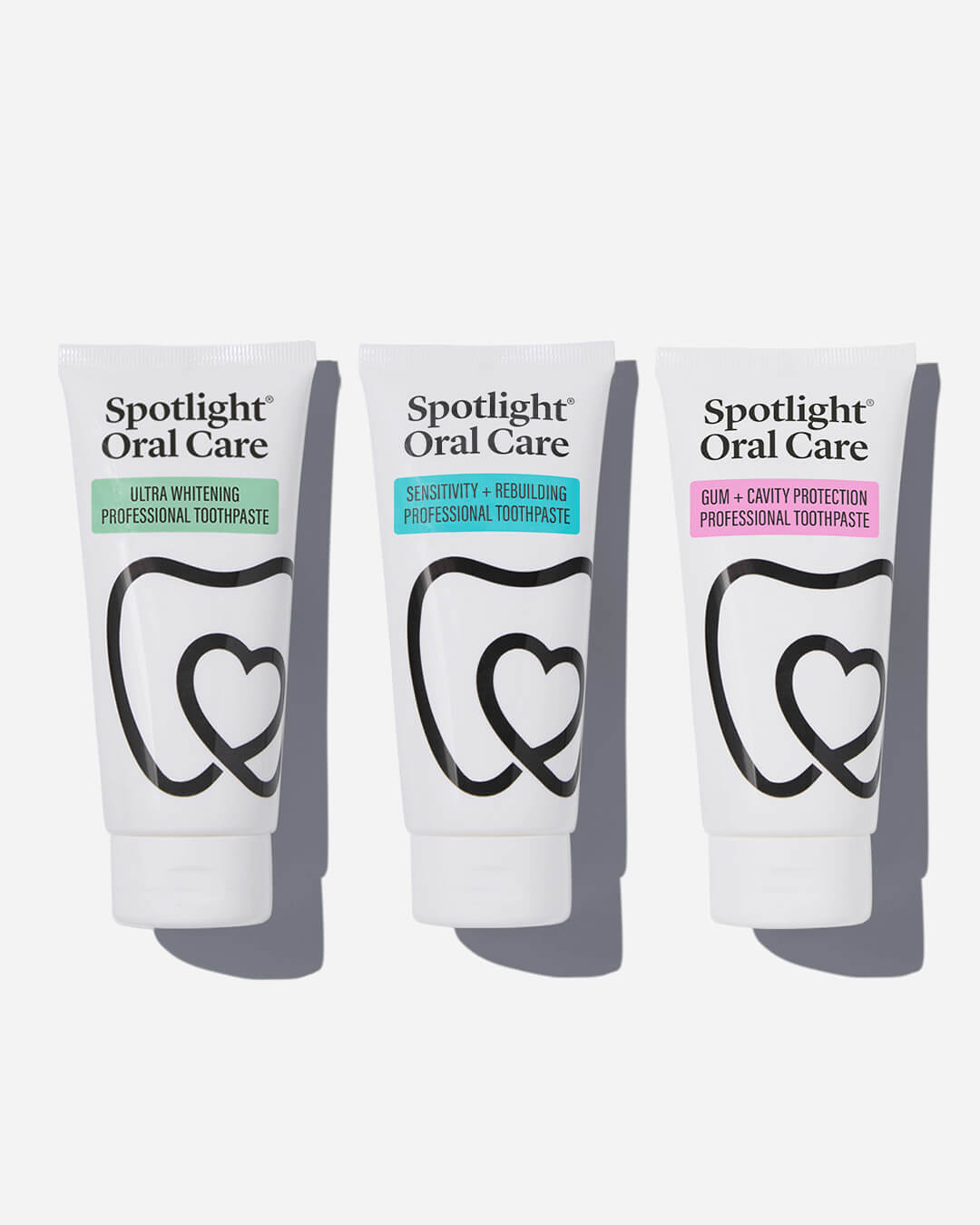 Spotlight Oral Care Toothpaste Trio Bundle featuring Ultra Whitening, Gum + Cavity Protection, and Sensitivity + Rebuilding toothpastes