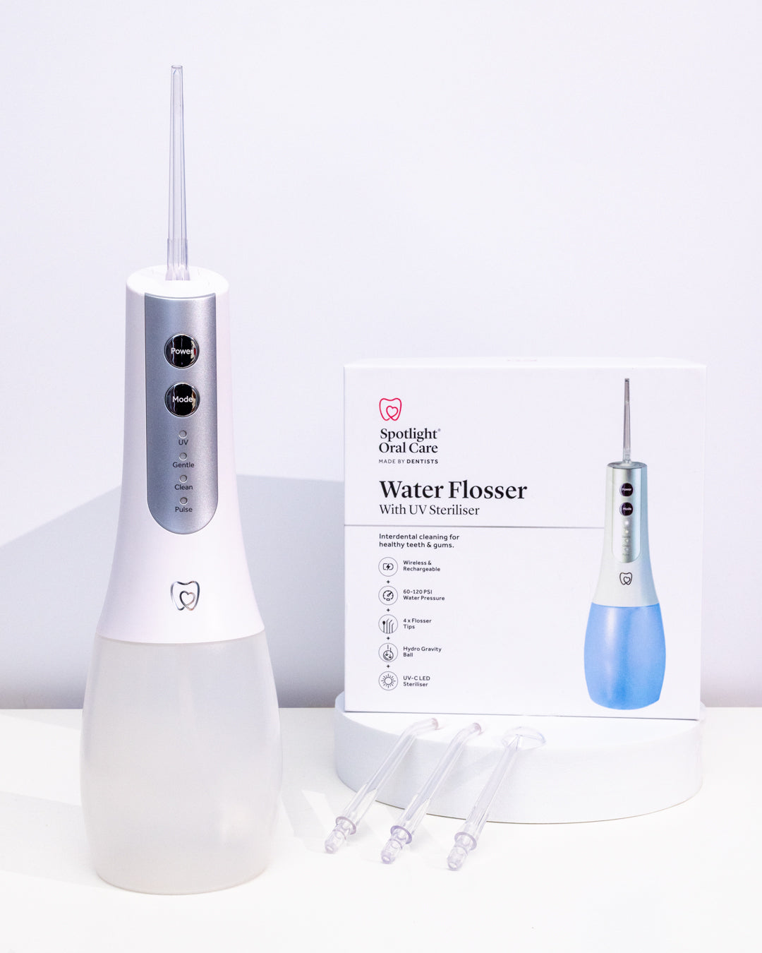 Dentist-developed water flosser with UV-C LED technology eliminating up to 99.9% of bacteria in water, ensuring optimal hygiene
