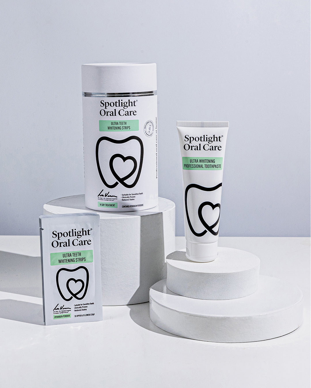 14-day teeth whitening kit including 14 sets of strips and a 75ml Ultra Whitening Professional Toothpaste for comprehensive oral care​