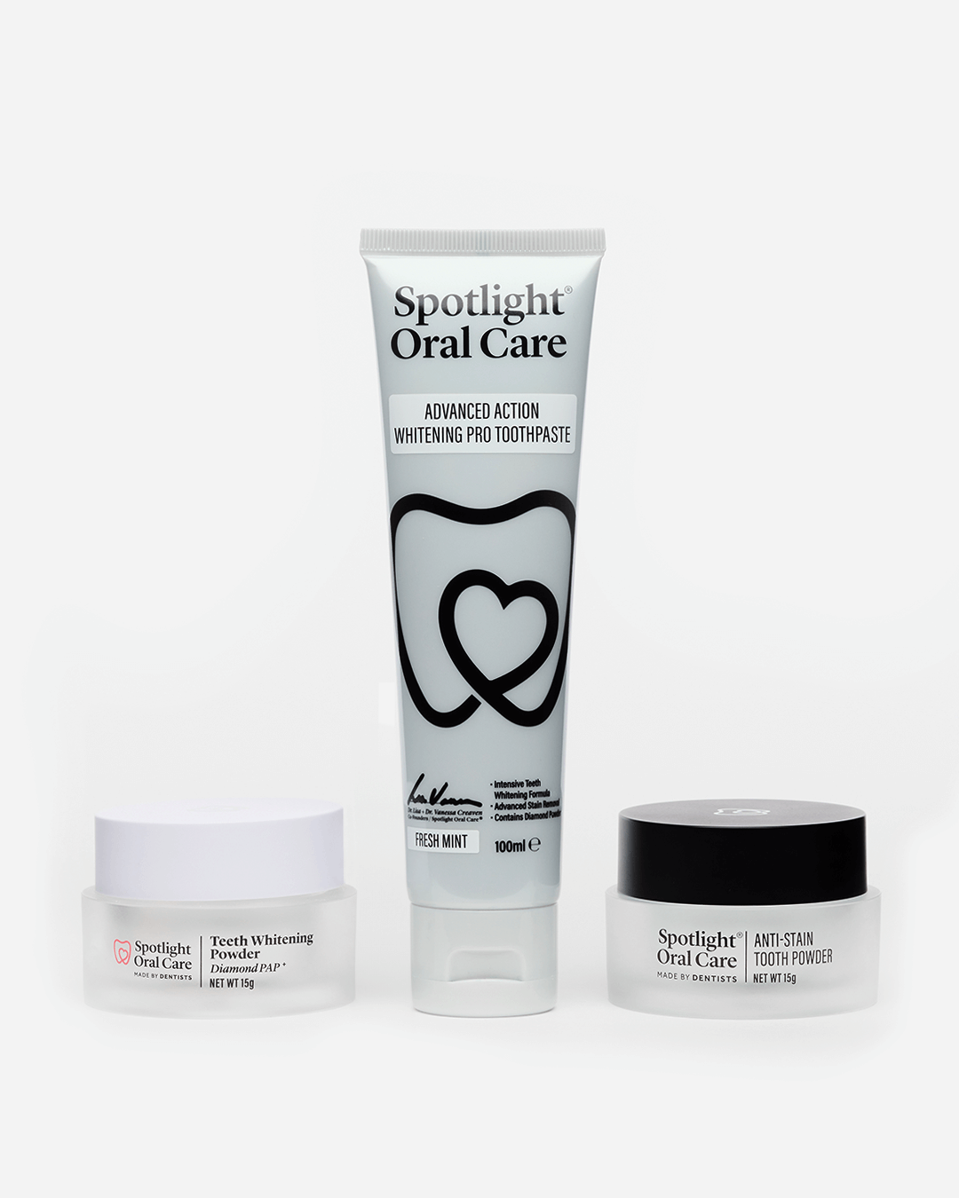 Advanced Action Whitening Toothpaste, Anti-Stain Tooth Powder and Teeth Whitening Powder with Diamond PAP for visibly brighter smiles