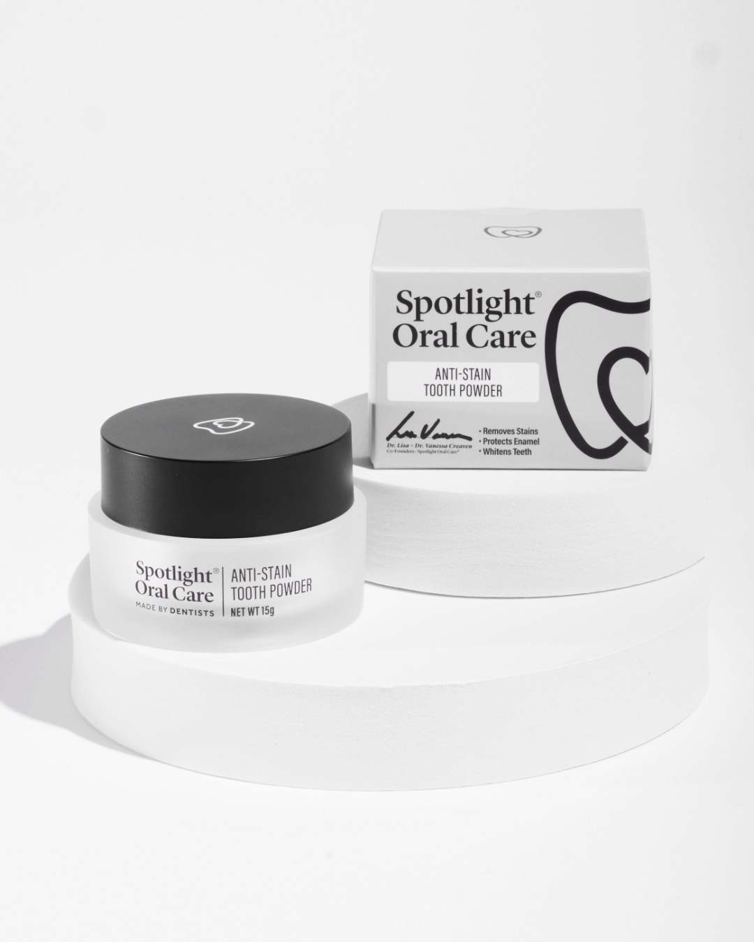 Spotlight Oral Care's Anti-Stain Tooth Powder providing a refreshing brushing experience with patented whitening technology​