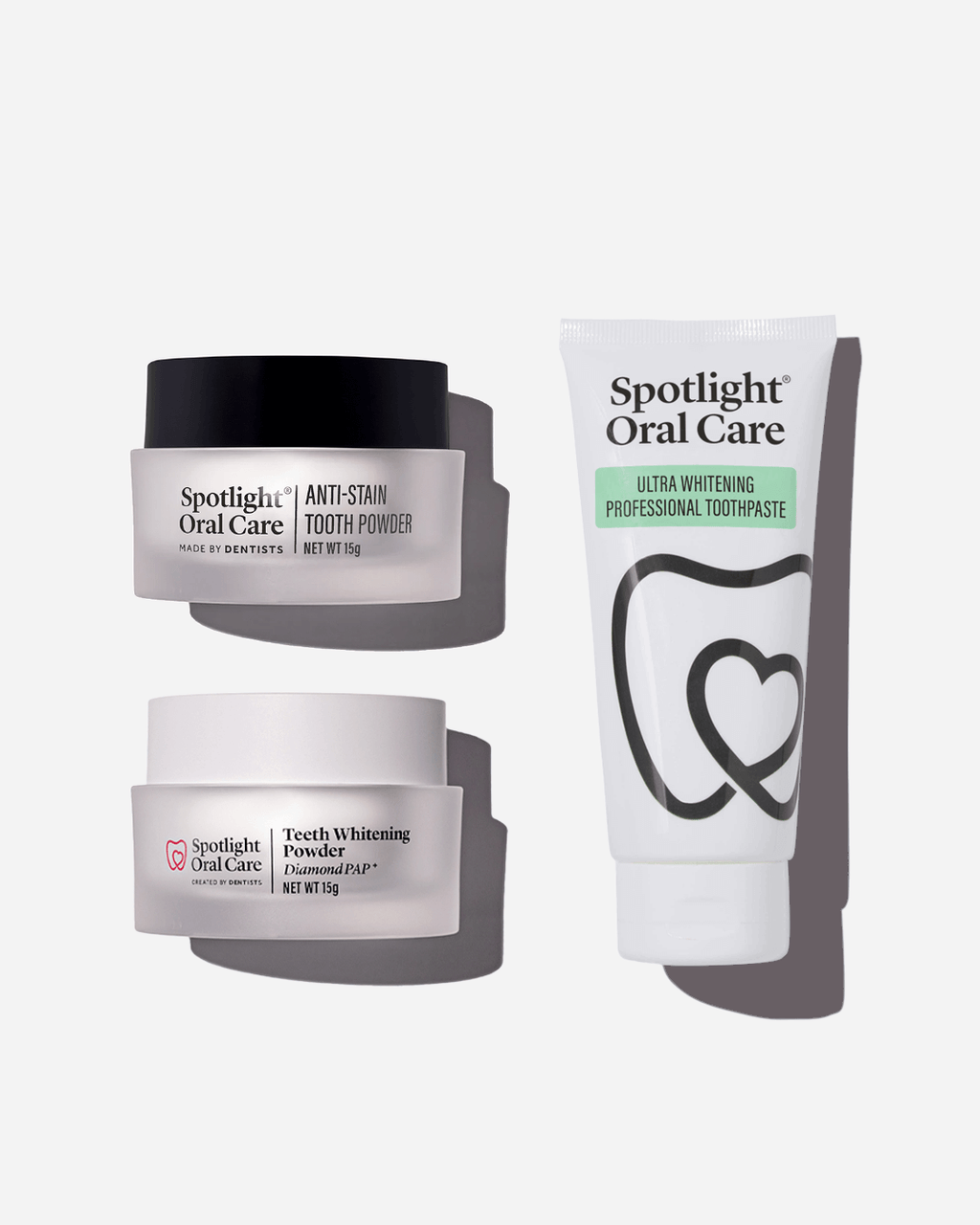 Spotlight Oral Care Anti-Stain Bundle featuring Anti-Stain Tooth Powder, Teeth Whitening Powder Diamond PAP, and Ultra Whitening Professional Toothpaste​