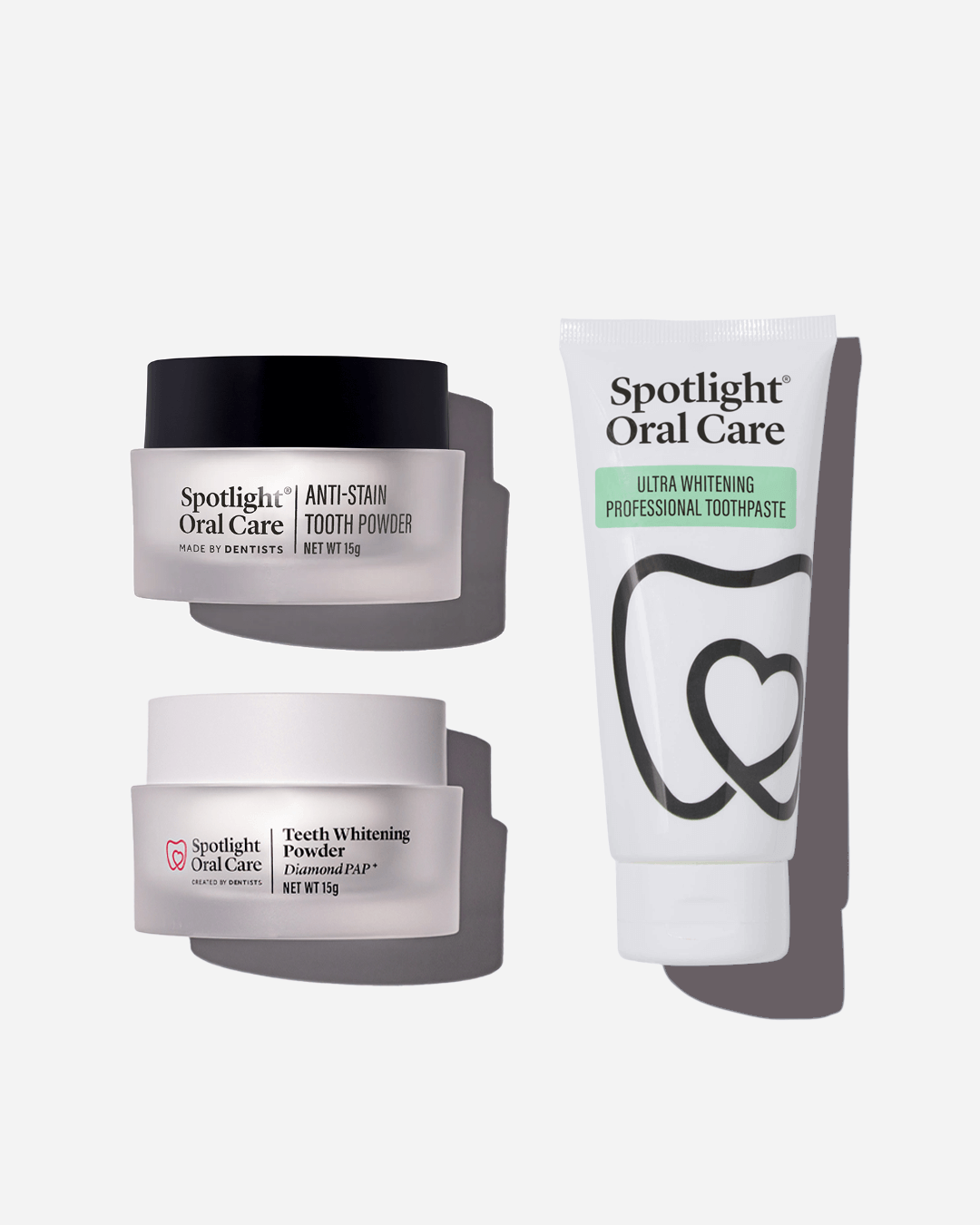 Spotlight Oral Care Anti-Stain Bundle featuring Anti-Stain Tooth Powder, Teeth Whitening Powder Diamond PAP, and Ultra Whitening Professional Toothpaste​