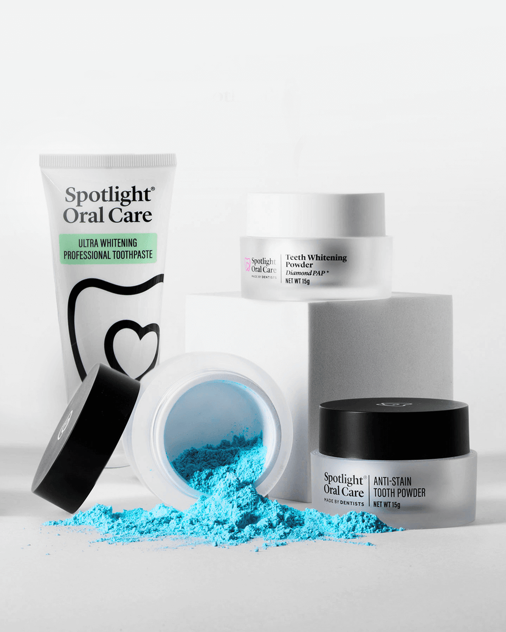 Comprehensive teeth whitening set combining PAP, Perlite, and Hydrogen Peroxide for effective stain removal without enamel damage or sensitivity.