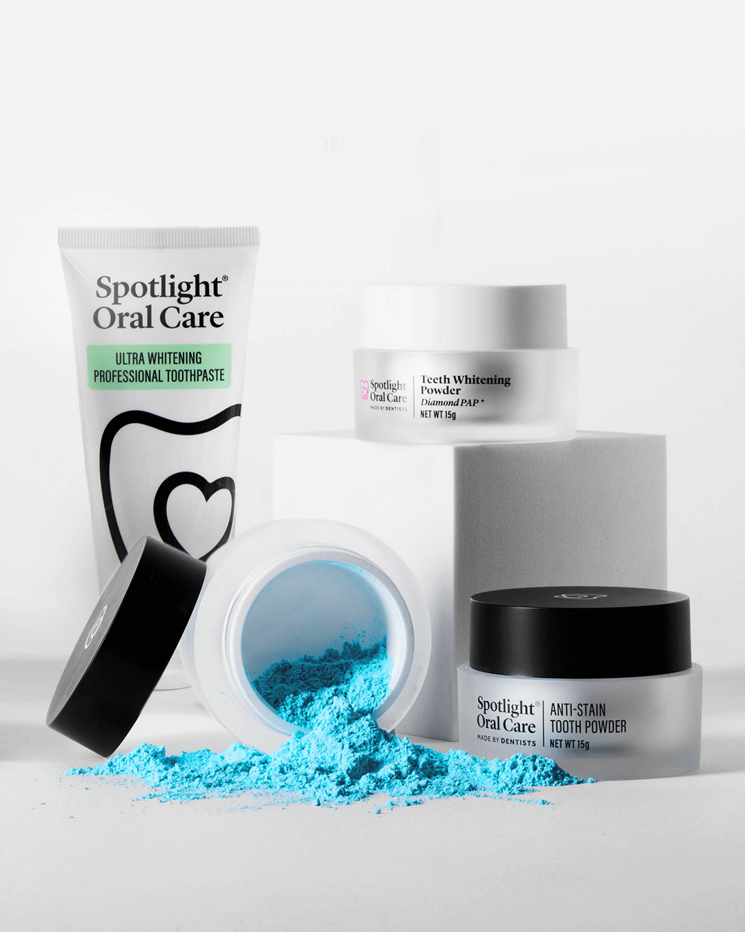 Comprehensive teeth whitening set combining PAP, Perlite, and Hydrogen Peroxide for effective stain removal without enamel damage or sensitivity.