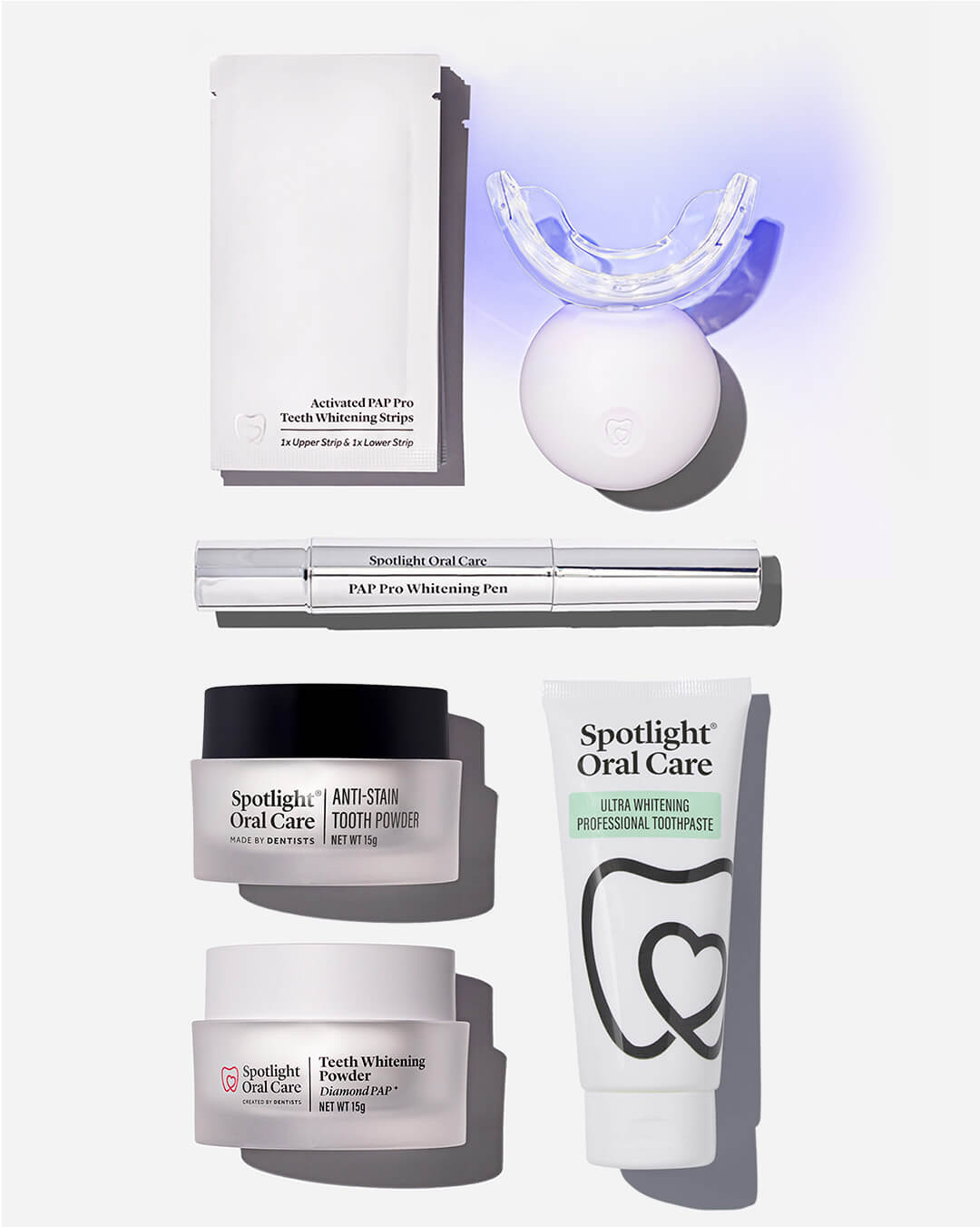 Spotlight Oral Care Brand New Smile Bundle featuring LED whitening system, whitening pen, strips, powders, and toothpaste​