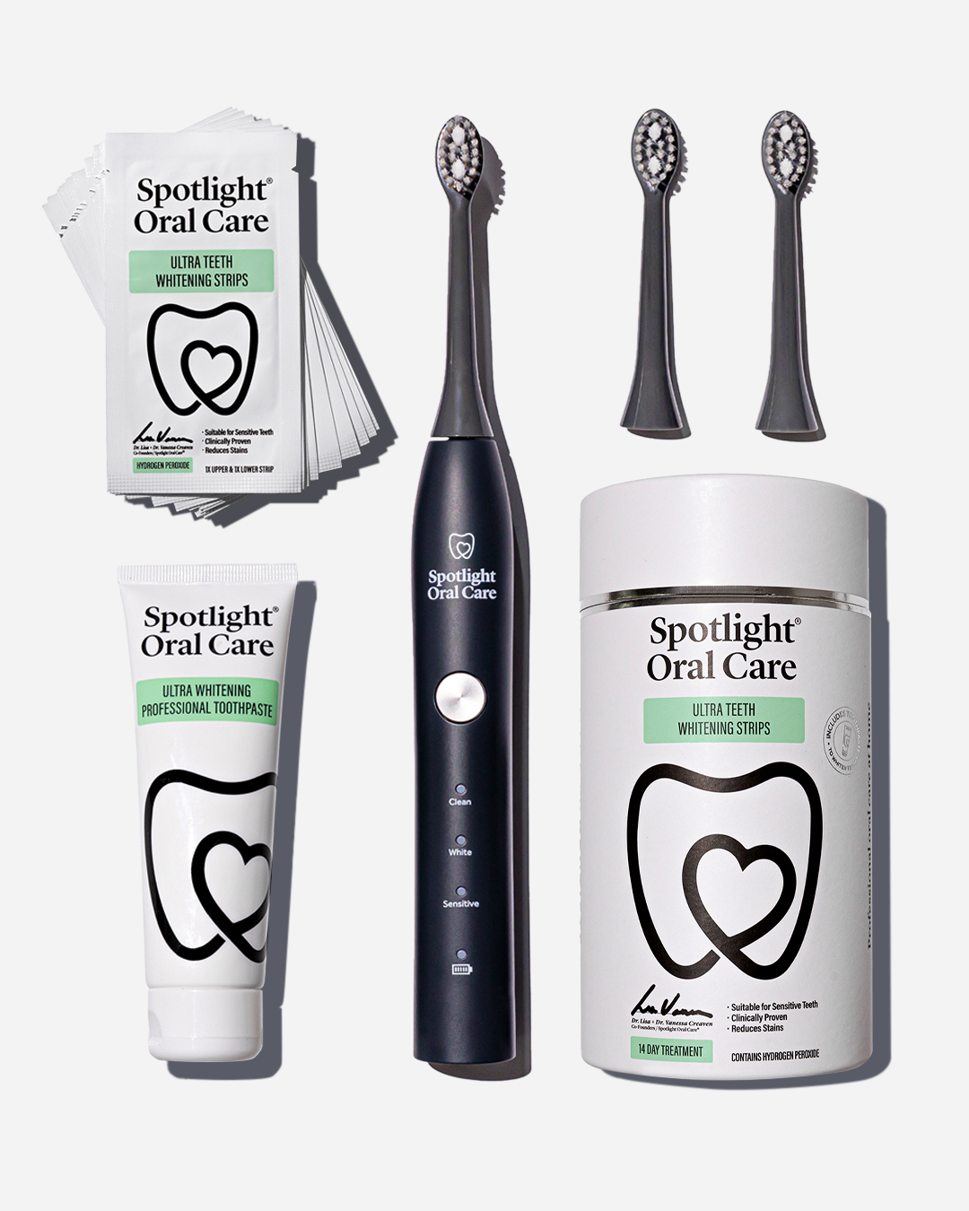 Three-piece oral care bundle including Sonic Toothbrush, 14-day whitening strips, and professional-grade toothpaste for comprehensive dental hygiene​