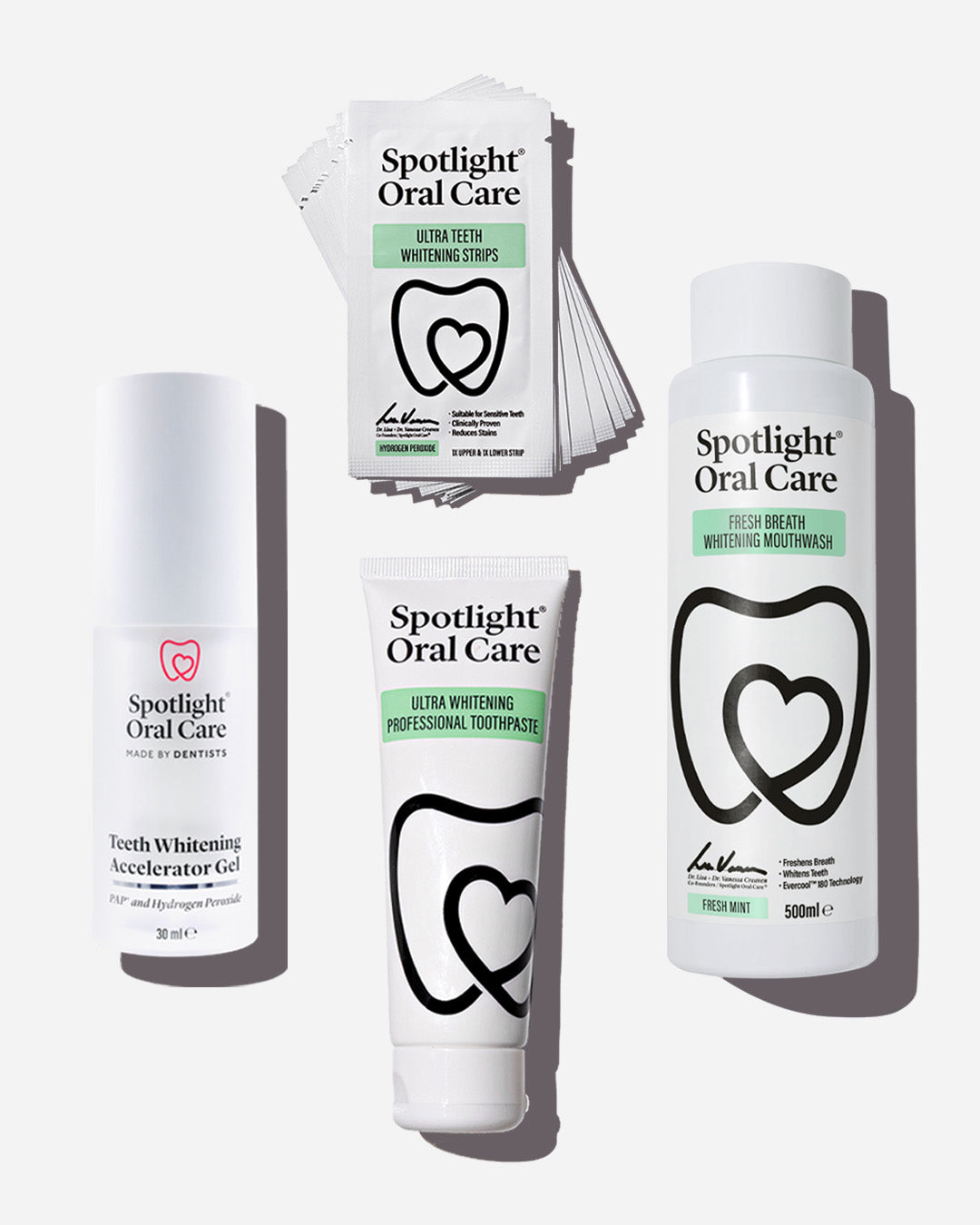 Spotlight Oral Care Daily Whitening Bundle featuring Ultra Teeth Whitening Strips, Ultra Whitening Professional Toothpaste, Accelerator Gel and Mouthwash