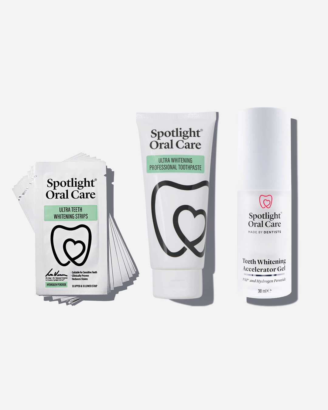Spotlight Oral Care Instant Whitening Trio featuring Ultra Teeth Whitening Strips, Teeth Whitening Accelerator Gel, and Ultra Whitening Professional Toothpaste​