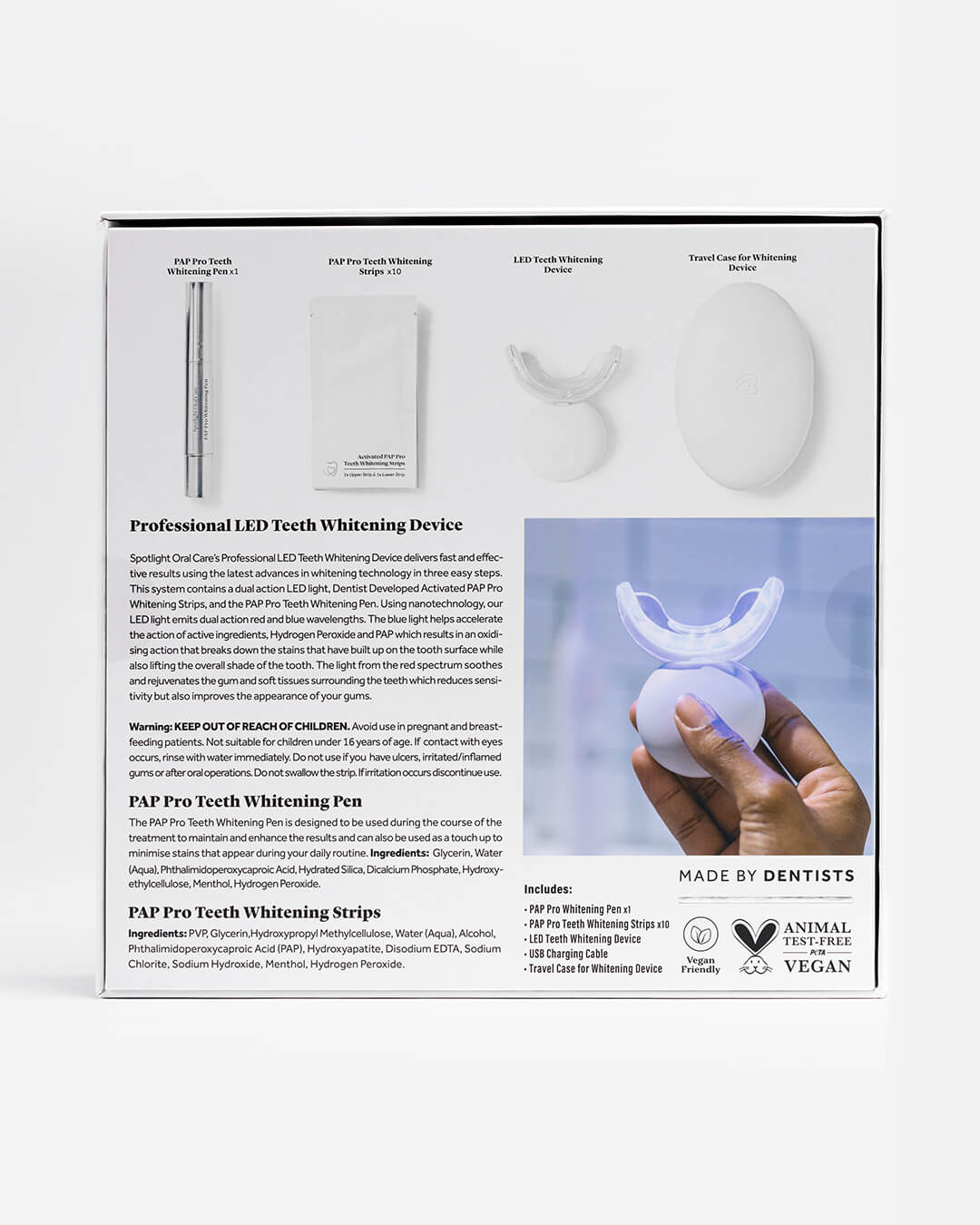 Complete teeth whitening system with USB charging cable and travel case, offering a convenient solution for brighter smiles on the go​