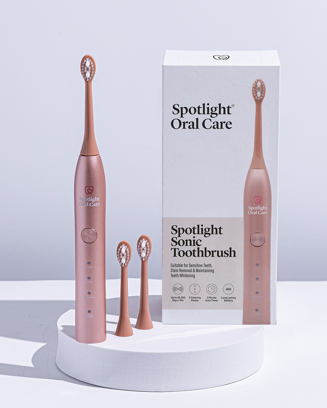 Spotlight Oral Care’s Rose Gold Sonic Toothbrush combining professional-level cleaning with a sleek, stylish design