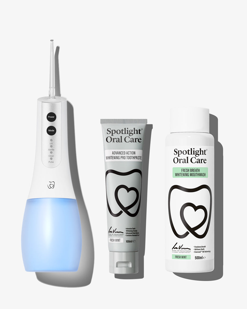 Spotlight Oral Care Fresh and White bundle with whitening toothpaste, water flosser, and mouthwash
