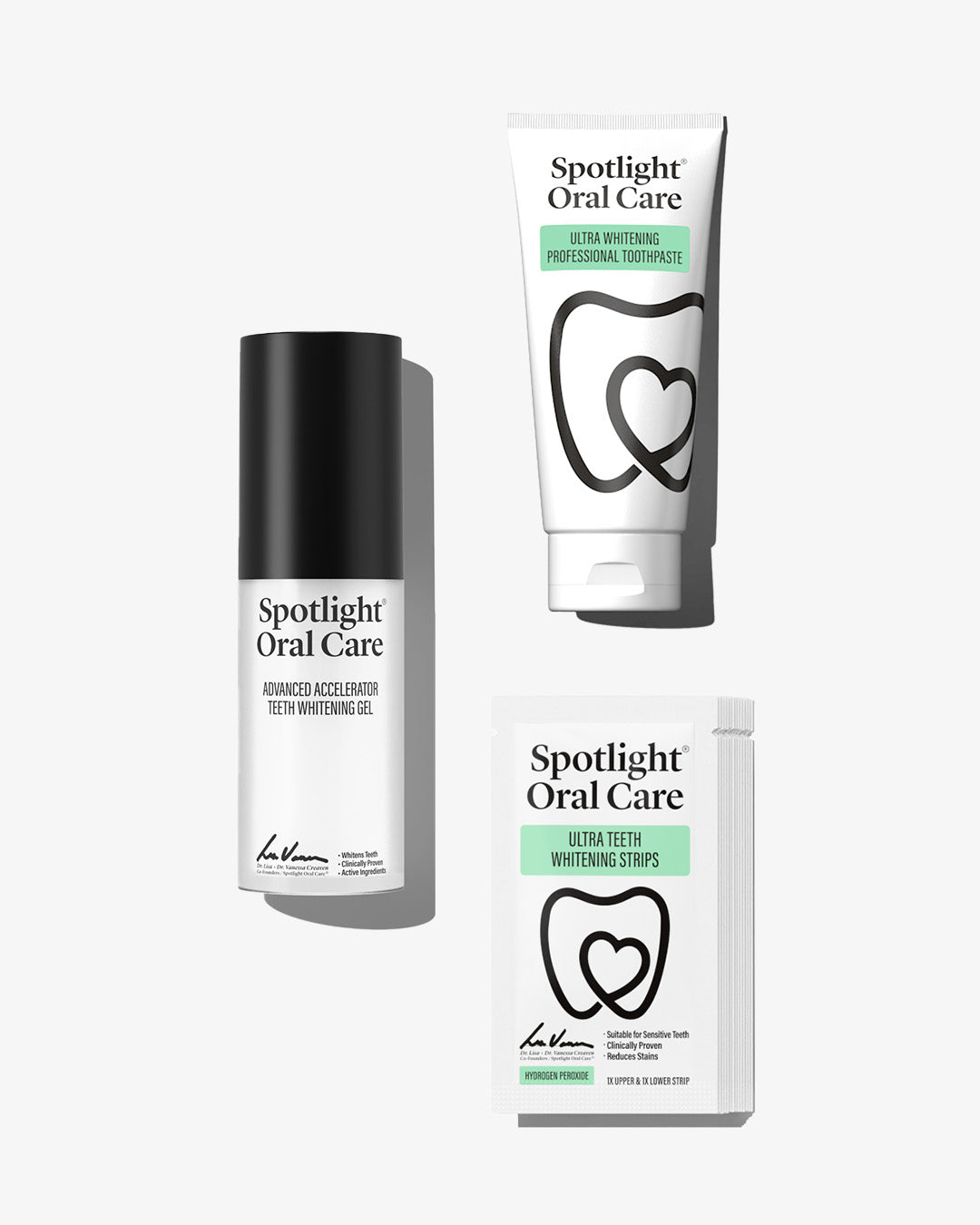 Spotlight Oral Care Instant Whitening Trio featuring Ultra Teeth Whitening Strips, Teeth Whitening Accelerator Gel, and Ultra Whitening Professional Toothpaste​