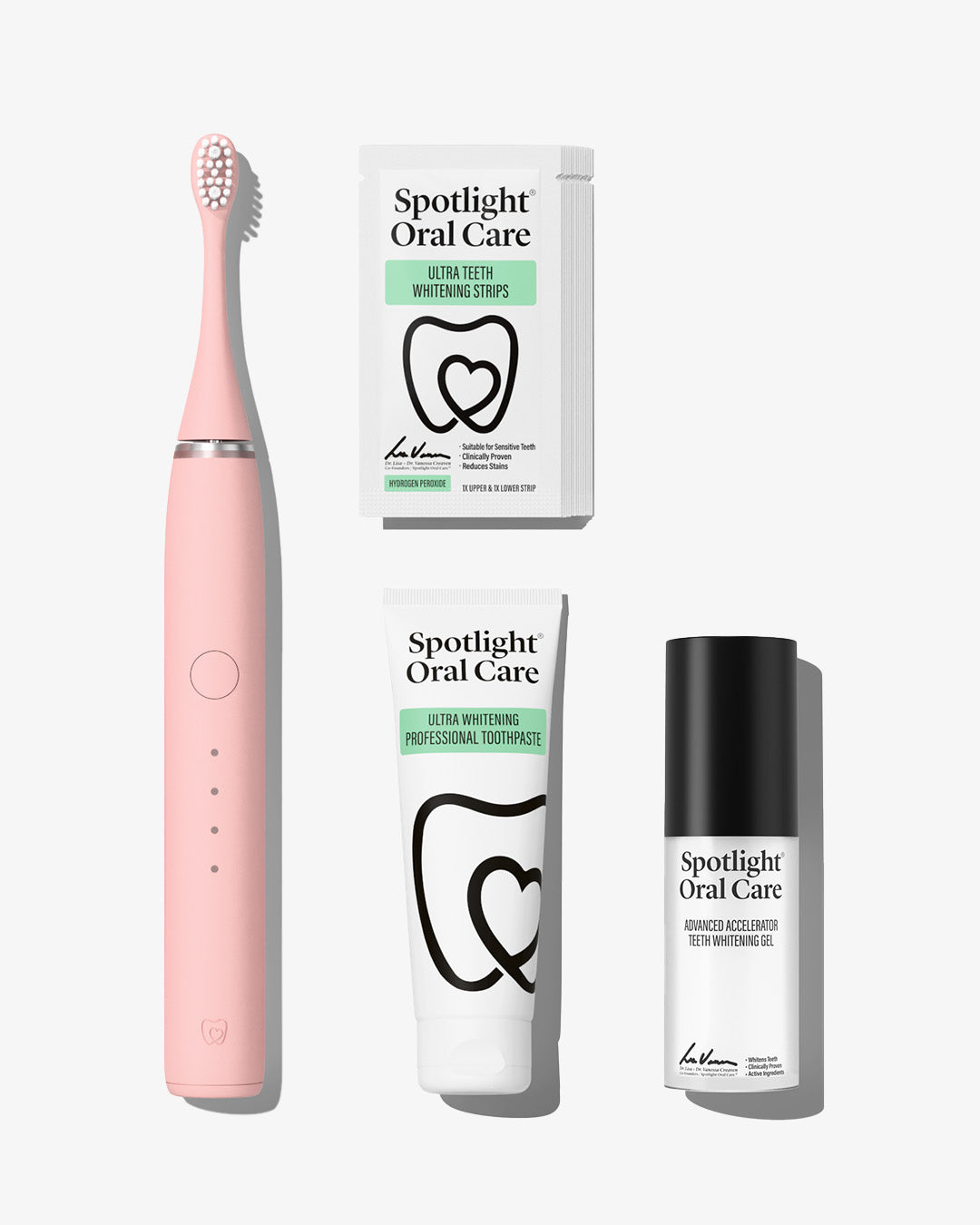Spotlight Oral Care Sonic Pro Starter Bundle in Blush pink featuring electric toothbrush, whitening strips, accelerator gel, and professional toothpaste​