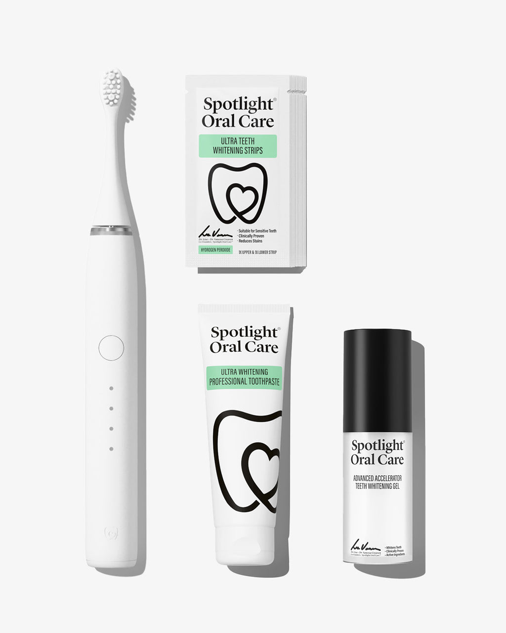 Spotlight Oral Care Sonic Pro Starter Bundle in Pure White featuring electric toothbrush, whitening strips, accelerator gel, and professional toothpaste​
