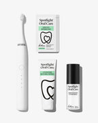 Spotlight Oral Care Sonic Pro Starter Bundle in Pure White featuring electric toothbrush, whitening strips, accelerator gel, and professional toothpaste​