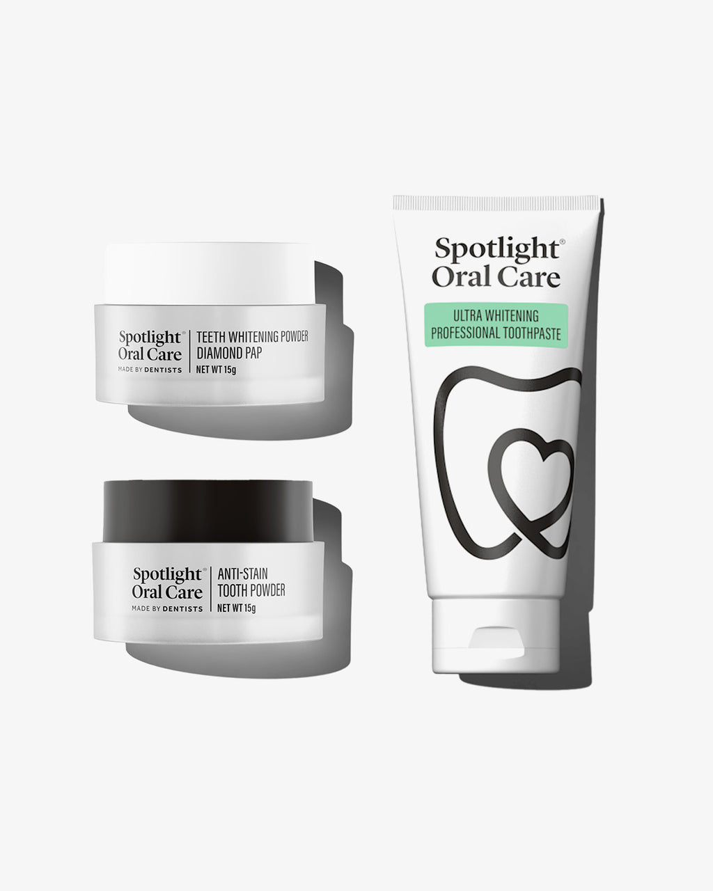 Spotlight Oral Care Anti-Stain Bundle featuring Anti-Stain Tooth Powder, Teeth Whitening Powder Diamond PAP, and Ultra Whitening Professional Toothpaste​