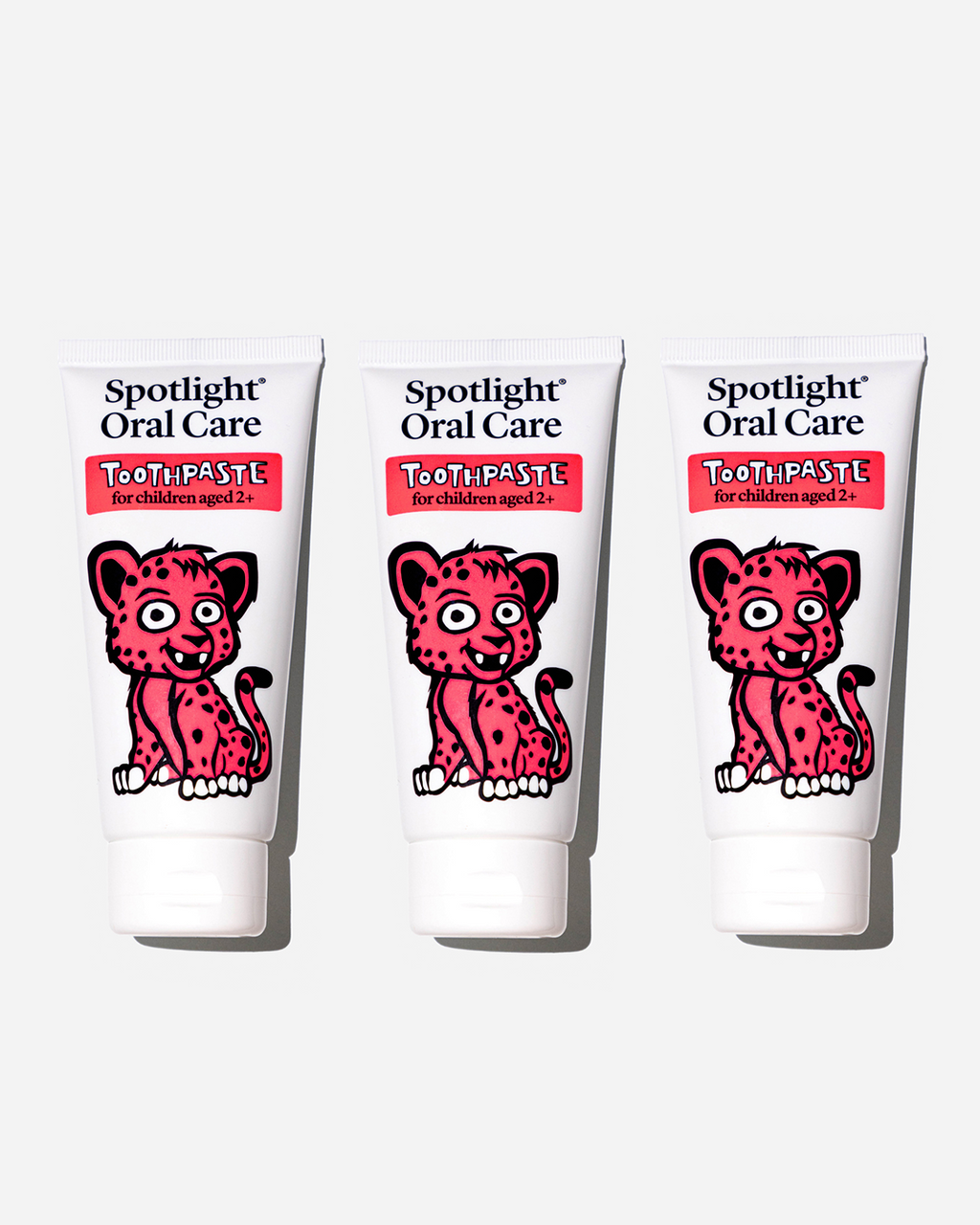 Spotlight Oral Care Kids Cheetah 3-Pack Toothpaste featuring CiCi the Cheetah, a strawberry-flavoured toothpaste with sodium fluoride for cavity protection​