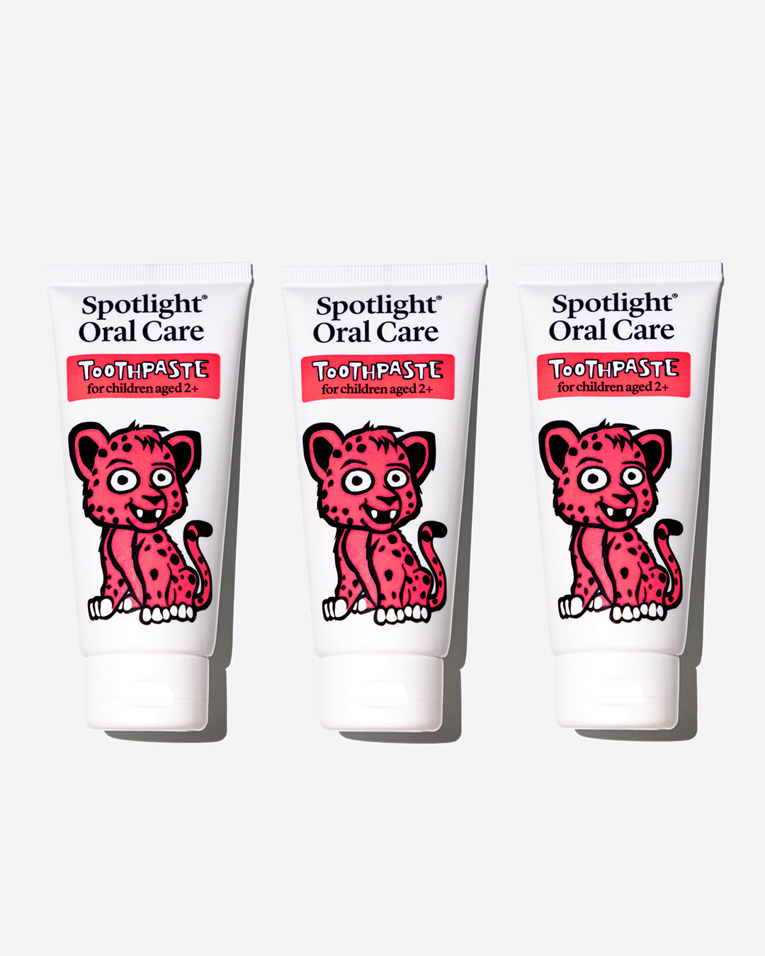 Spotlight Oral Care Kids Cheetah 3-Pack Toothpaste featuring CiCi the Cheetah, a strawberry-flavoured toothpaste with sodium fluoride for cavity protection​
