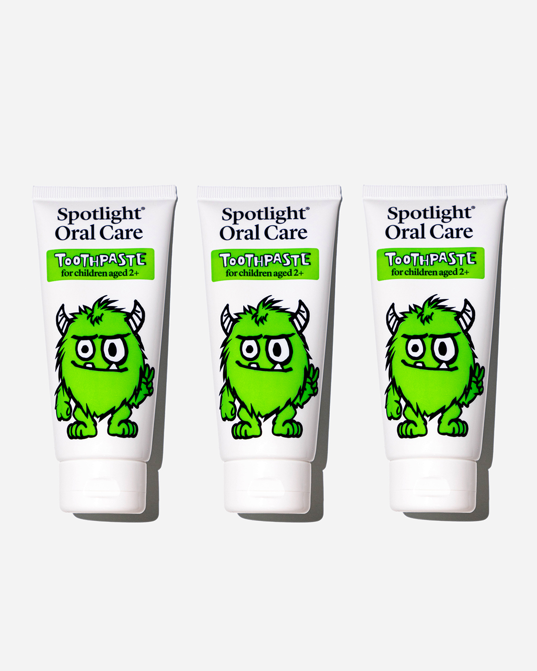 Spotlight Oral Care Kids Monster Toothpaste (3-pack) featuring Monty the Monster, designed to make brushing fun for children aged 2 and up​