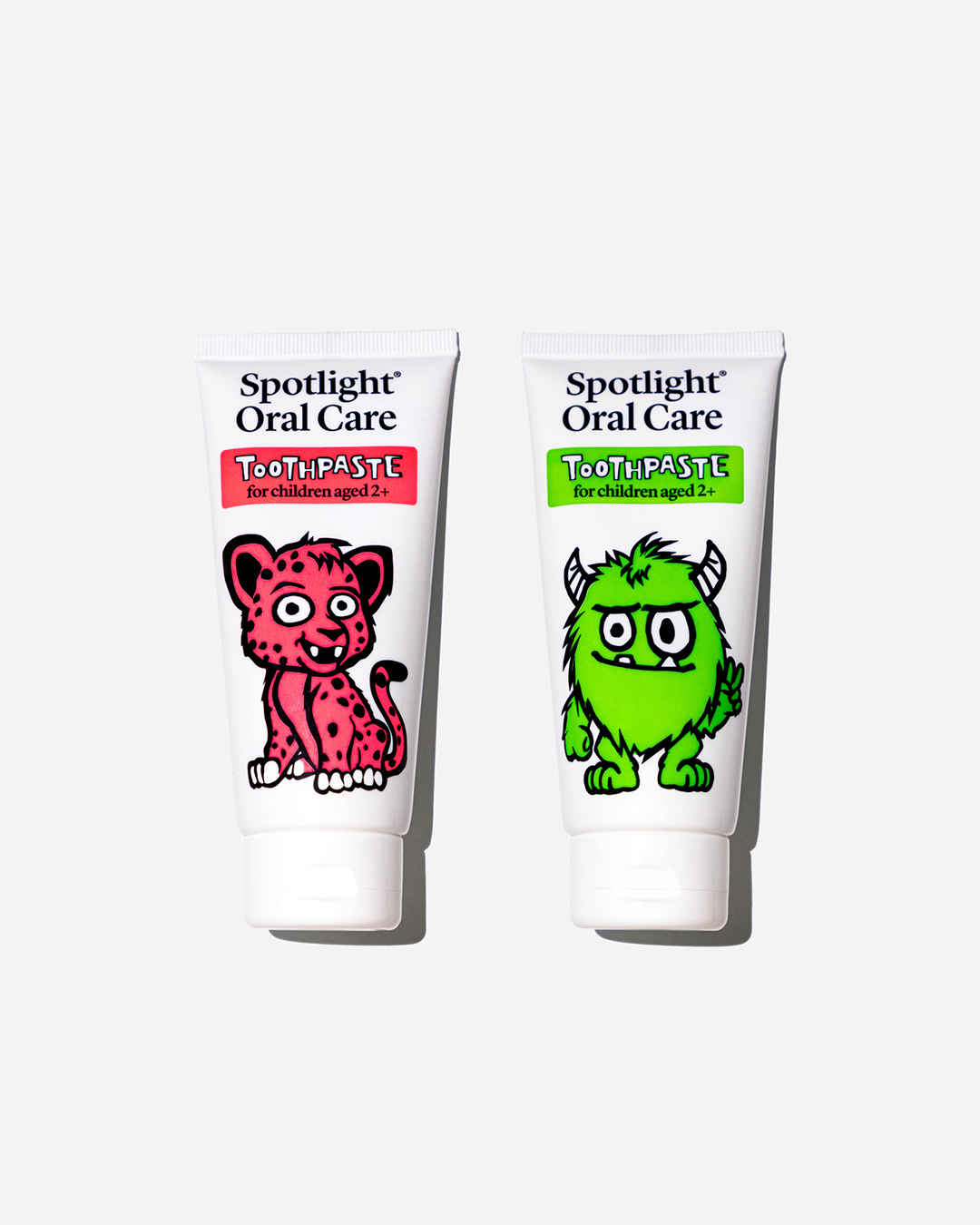 Spotlight Oral Care Kids Toothpaste Duo featuring Monty the Monster (bubblegum flavour) and CiCi the Cheetah (strawberry flavour) toothpastes​