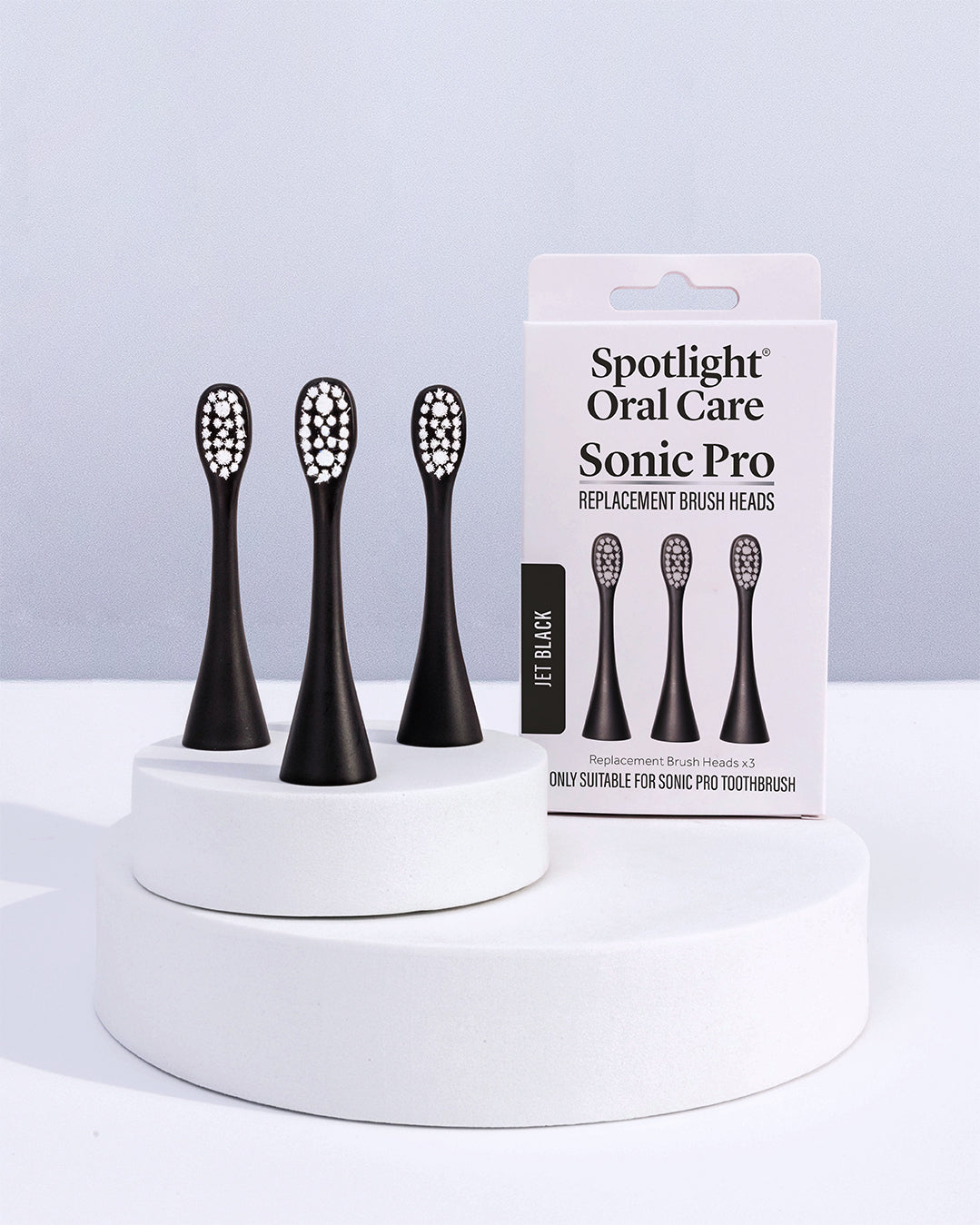 Dentist-developed Jet Black replacement heads for the Sonic Pro Toothbrush, recommended for replacement every 3 months to maintain oral hygiene​