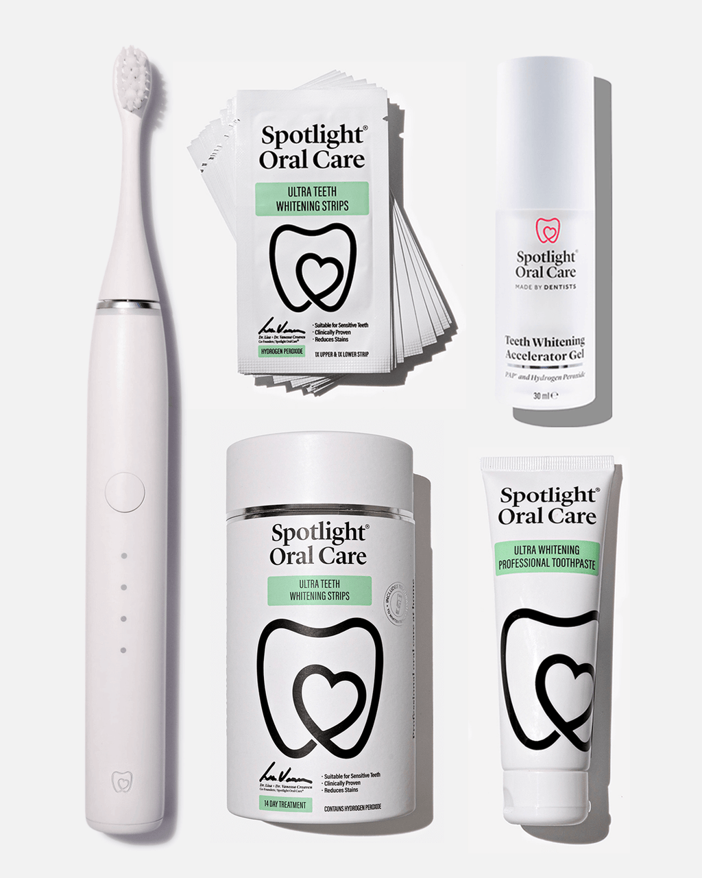 Spotlight Oral Care Sonic Pro Starter Bundle in Pure White featuring electric toothbrush, whitening strips, accelerator gel, and professional toothpaste​