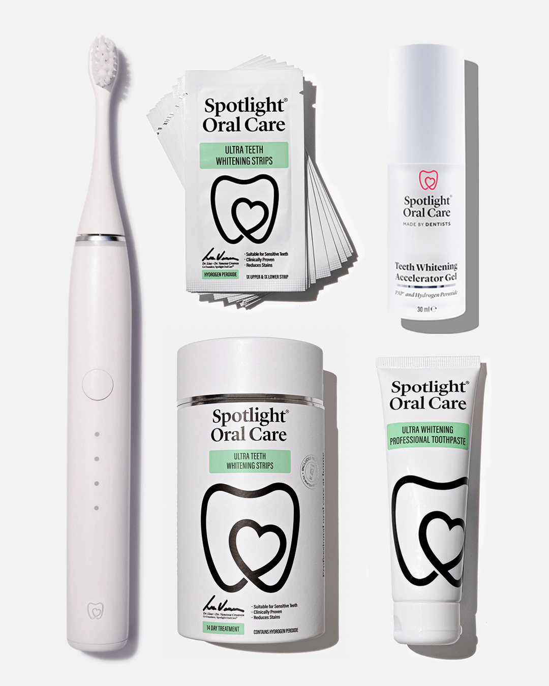 Spotlight Oral Care Sonic Pro Starter Bundle in Pure White featuring electric toothbrush, whitening strips, accelerator gel, and professional toothpaste​
