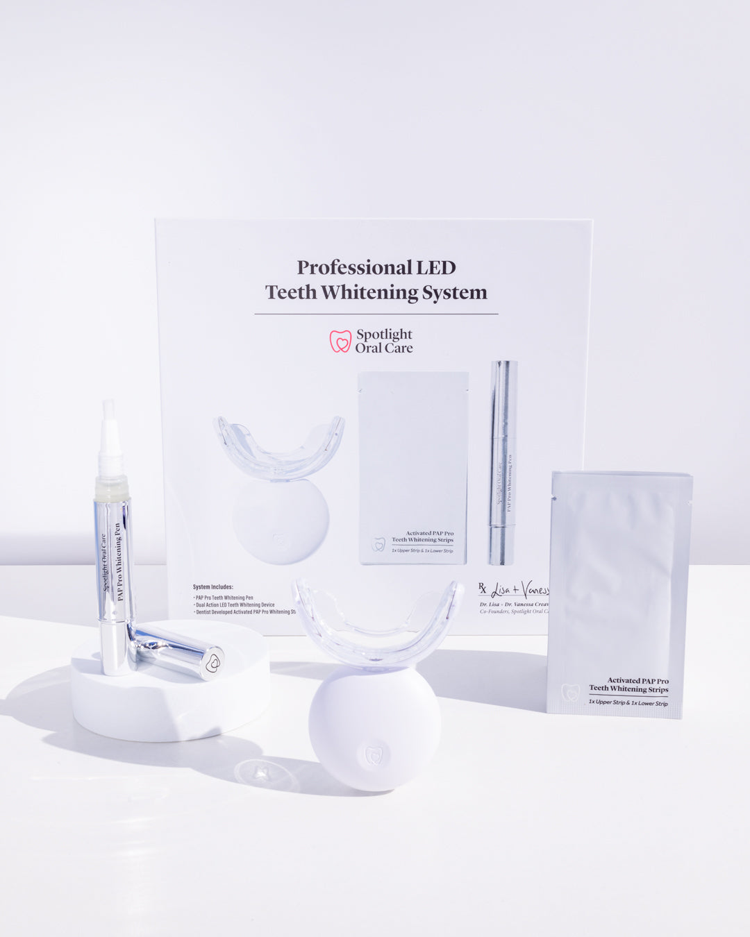 Enamel-safe LED whitening device developed by dentists, combining Hydrogen Peroxide and PAP for effective whitening without sensitivity​