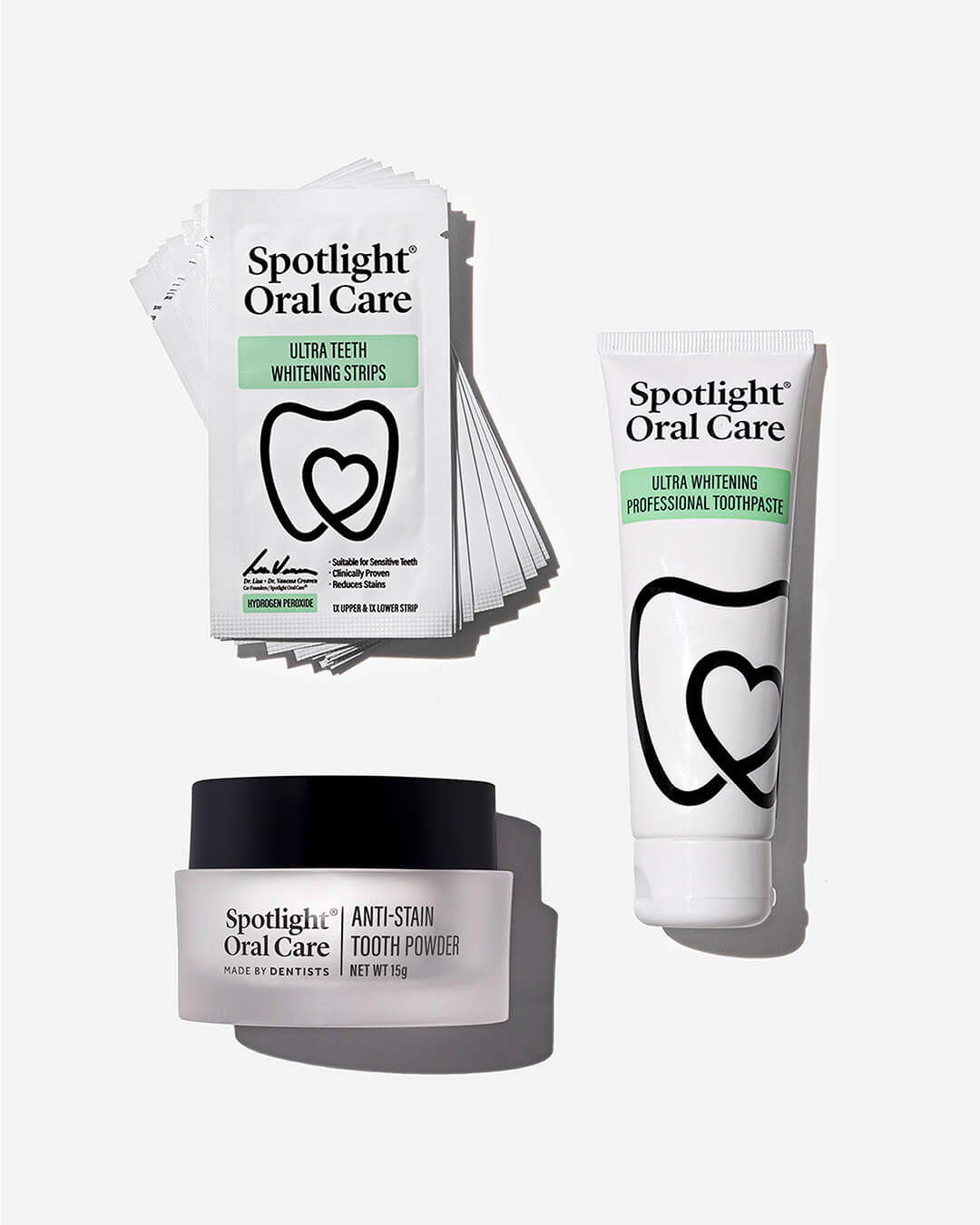 Spotlight Oral Care Strip Away Stains Bundle featuring Ultra Teeth Whitening Strips, Anti-Stain Tooth Powder, and Ultra Whitening Professional Toothpaste​