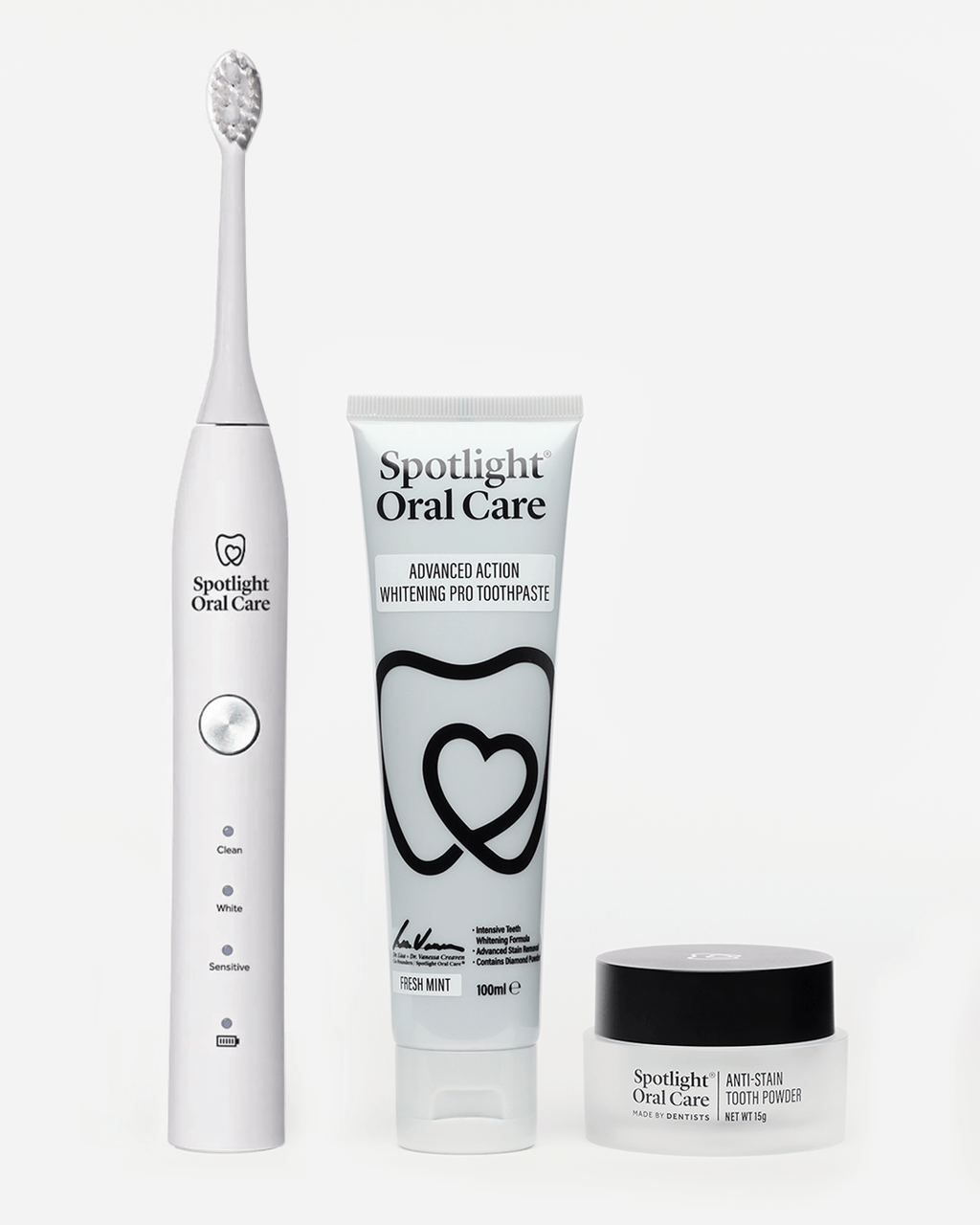 Triple Action Whitening set including toothpaste, electric toothbrush, and anti-stain tooth powder