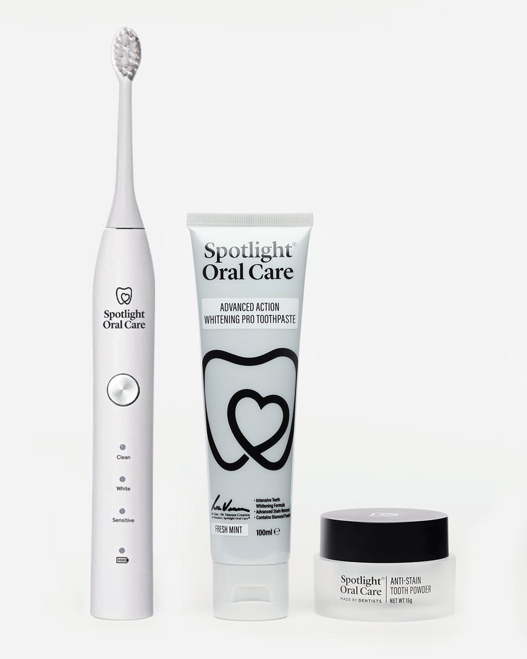 Triple Action Whitening set including toothpaste, electric toothbrush, and anti-stain tooth powder