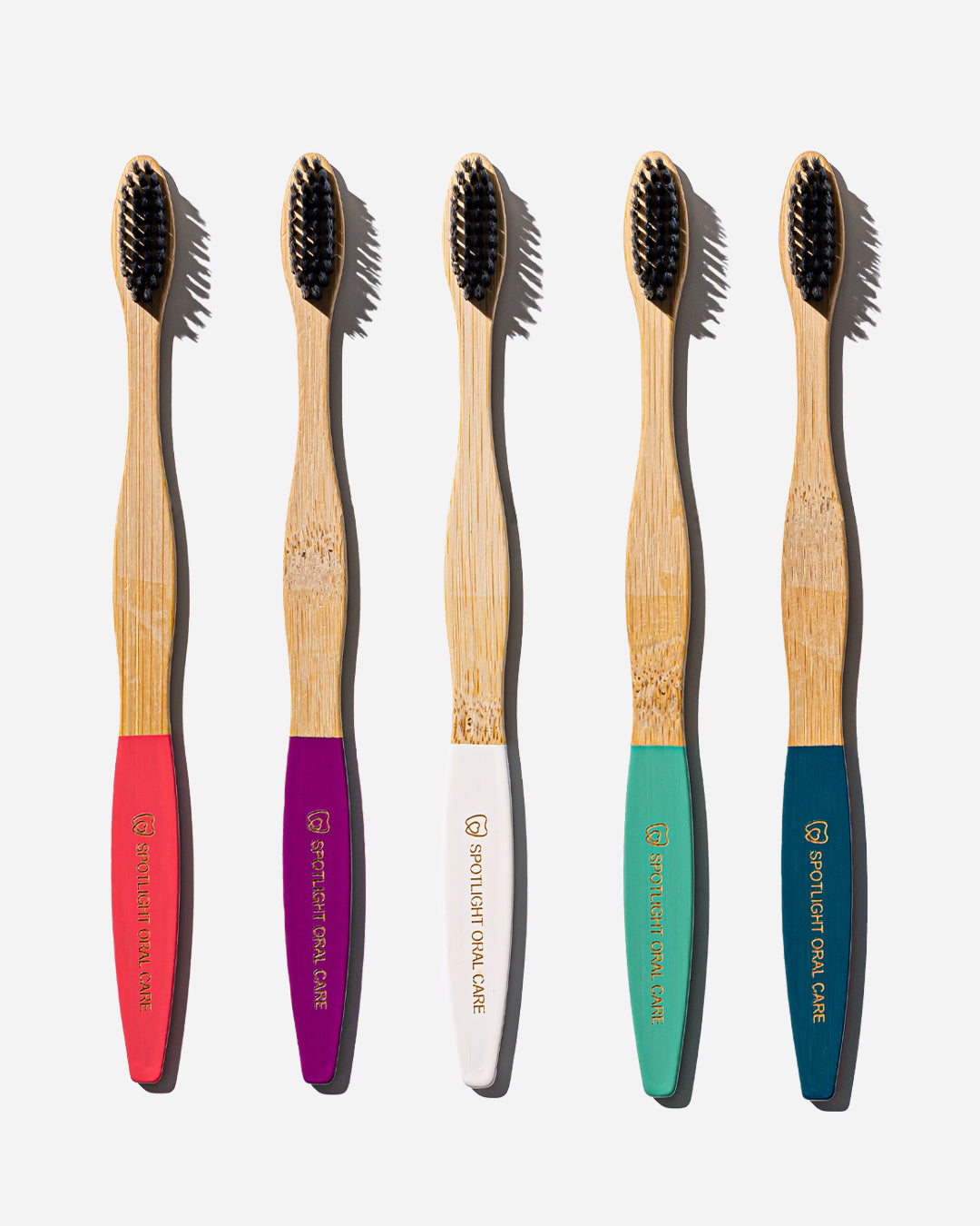 Set of five eco-friendly bamboo toothbrushes featuring soft bristles for gentle and effective cleaning, ideal for sustainable daily oral care routines​