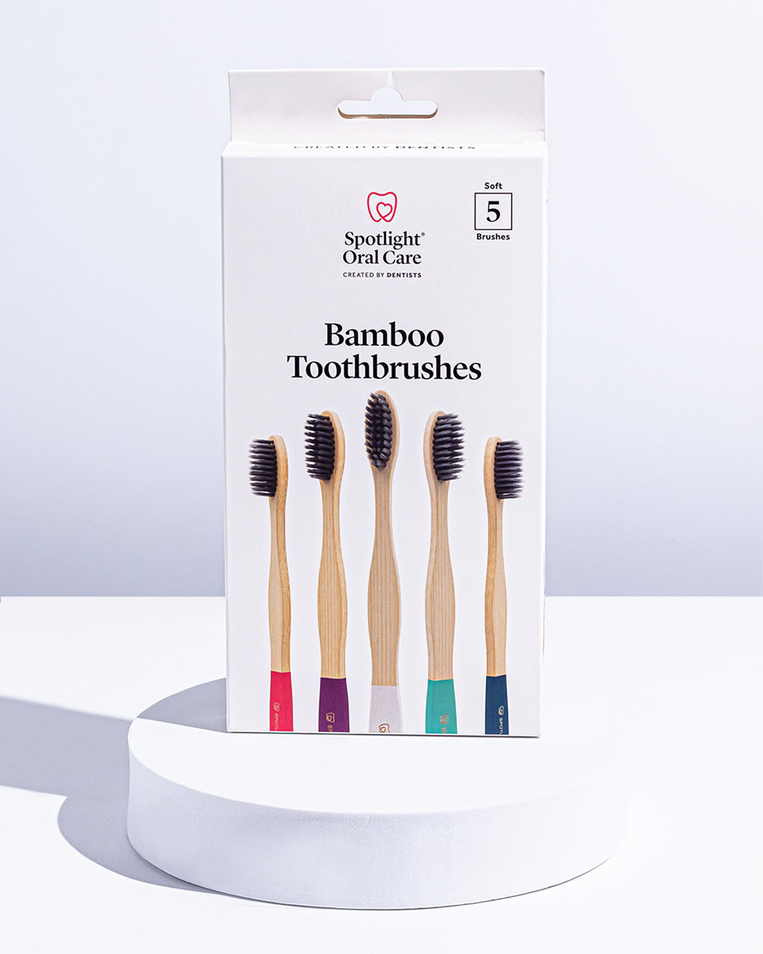Spotlight Oral Care's 5-Pack Bamboo Toothbrushes – naturally antibacterial, vegan-friendly, and 100% recyclable, offering a plastic-free alternative for conscious consumers​