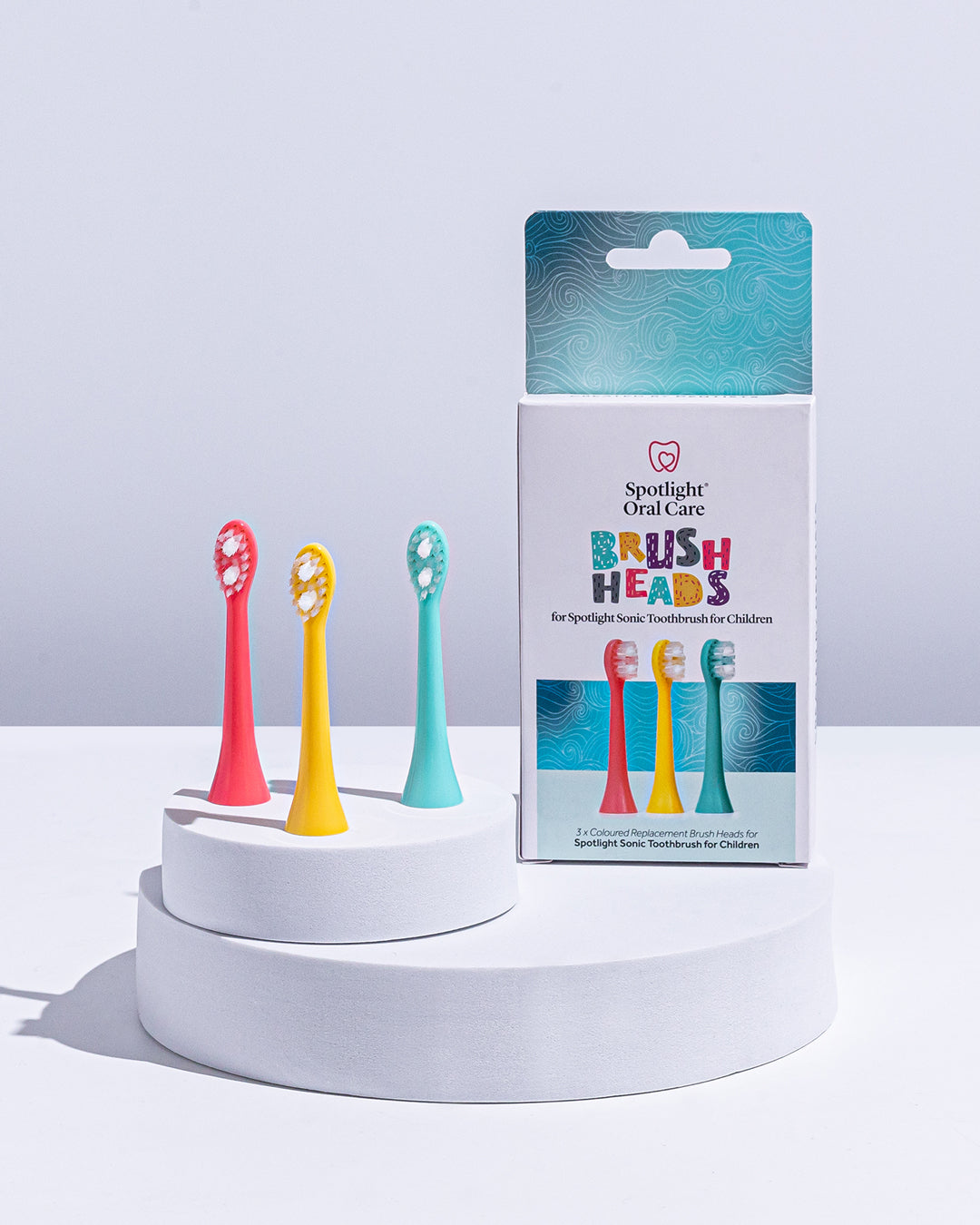 Set of three vibrant replacement heads for the Sonic Toothbrush for Children, recommended for replacement every 3 months to maintain optimal oral hygiene​