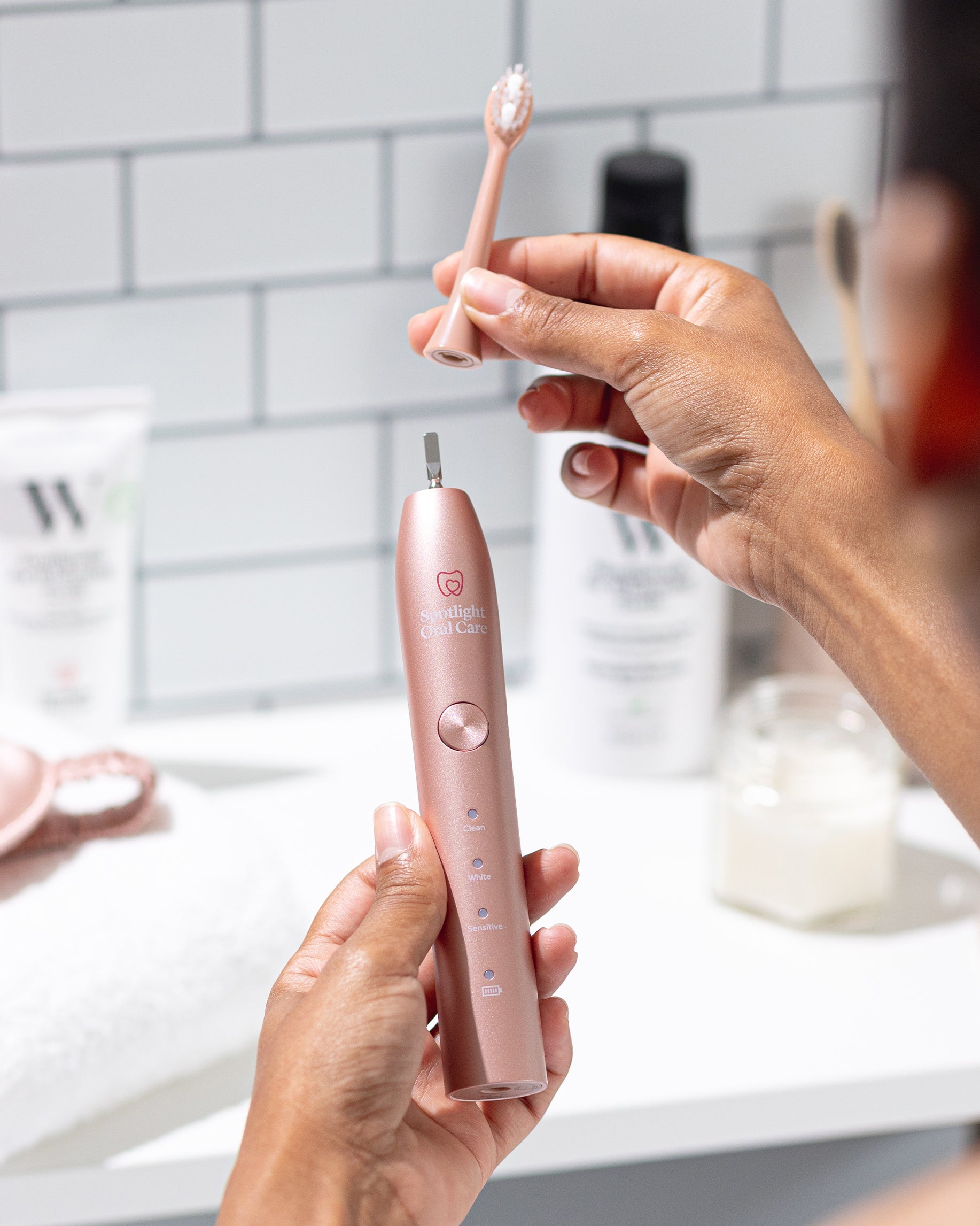 Rose Gold replacement brush heads compatible with Spotlight's Sonic Toothbrush, recommended for replacement every 3 months to maintain optimal oral hygiene​